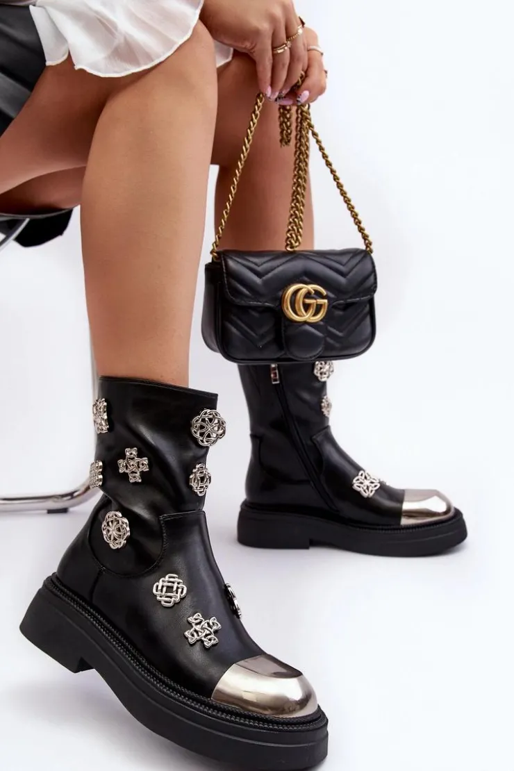 Damskie Damskie buty S.Barski Skórzane Ocieplane Botki Z Ozdobami D&A MR870-14A Czarne