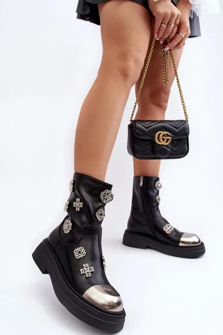 Damskie Damskie buty S.Barski Skórzane Ocieplane Botki Z Ozdobami D&A MR870-14A Czarne