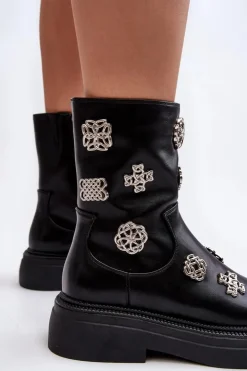 Damskie Damskie buty S.Barski Skórzane Ocieplane Botki Z Ozdobami D&A MR870-14A Czarne