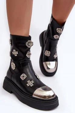 Damskie Damskie buty S.Barski Skórzane Ocieplane Botki Z Ozdobami D&A MR870-14A Czarne