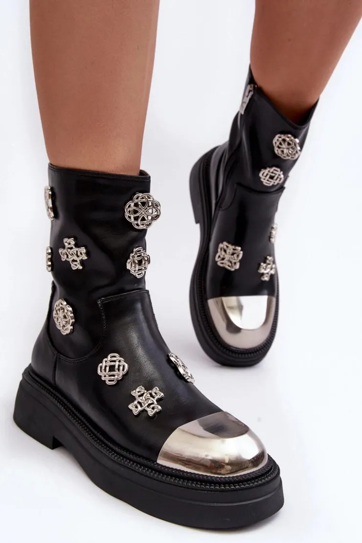 Damskie Damskie buty S.Barski Skórzane Ocieplane Botki Z Ozdobami D&A MR870-14A Czarne