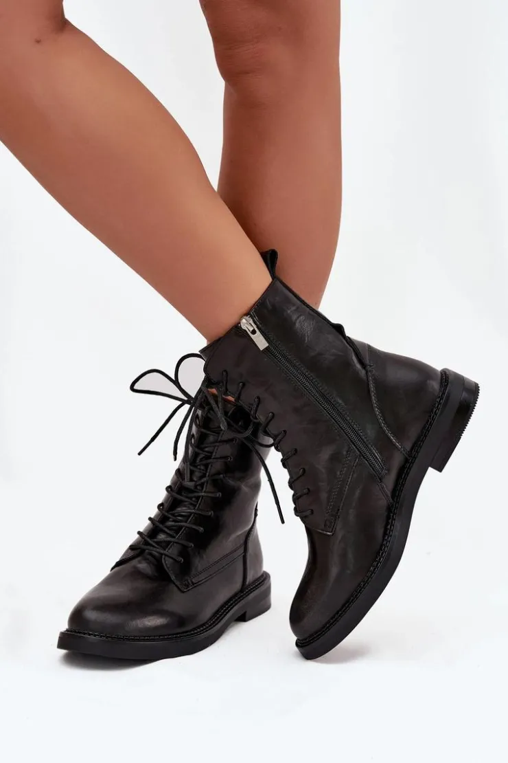 Discount Big Star Shoes Skórzane Ocieplane Damskie Botki Workery Big Star SS274480 Czarne