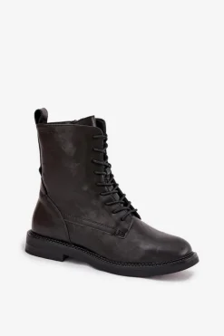 Discount Big Star Shoes Skórzane Ocieplane Damskie Botki Workery Big Star SS274480 Czarne