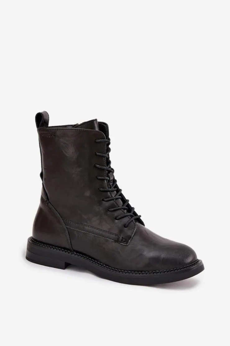 Discount Big Star Shoes Skórzane Ocieplane Damskie Botki Workery Big Star SS274480 Czarne