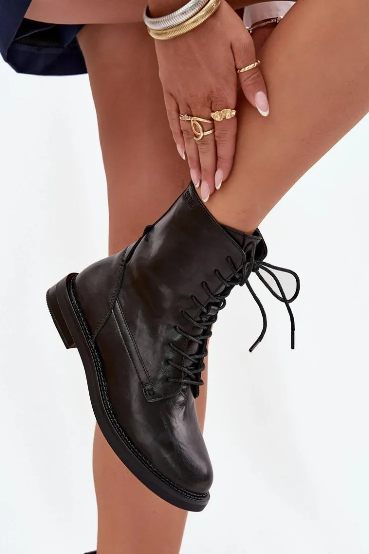 Discount Big Star Shoes Skórzane Ocieplane Damskie Botki Workery Big Star SS274480 Czarne