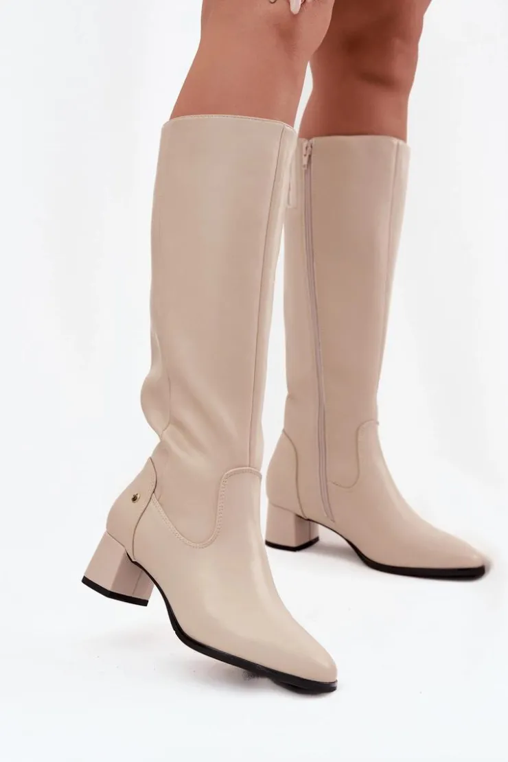 Maciejka Kozaki Ocieplane|Muszkieterki*Skórzane Ocieplane Kozaki Damskie Na Obcasie A7165-04 Beżowe Beżowy