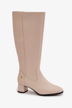 Maciejka Kozaki Ocieplane|Muszkieterki*Skórzane Ocieplane Kozaki Damskie Na Obcasie A7165-04 Beżowe Beżowy