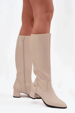 Maciejka Kozaki Ocieplane|Muszkieterki*Skórzane Ocieplane Kozaki Damskie Na Obcasie A7165-04 Beżowe Beżowy