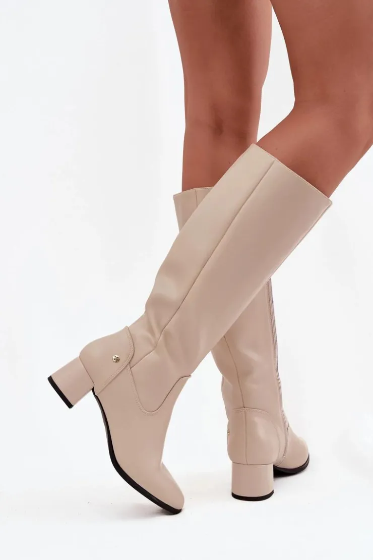 Maciejka Kozaki Ocieplane|Muszkieterki*Skórzane Ocieplane Kozaki Damskie Na Obcasie A7165-04 Beżowe Beżowy