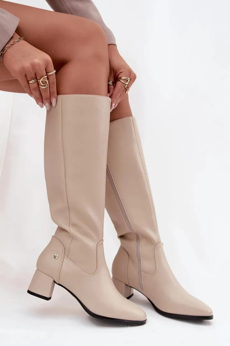 Maciejka Kozaki Ocieplane|Muszkieterki*Skórzane Ocieplane Kozaki Damskie Na Obcasie A7165-04 Beżowe Beżowy