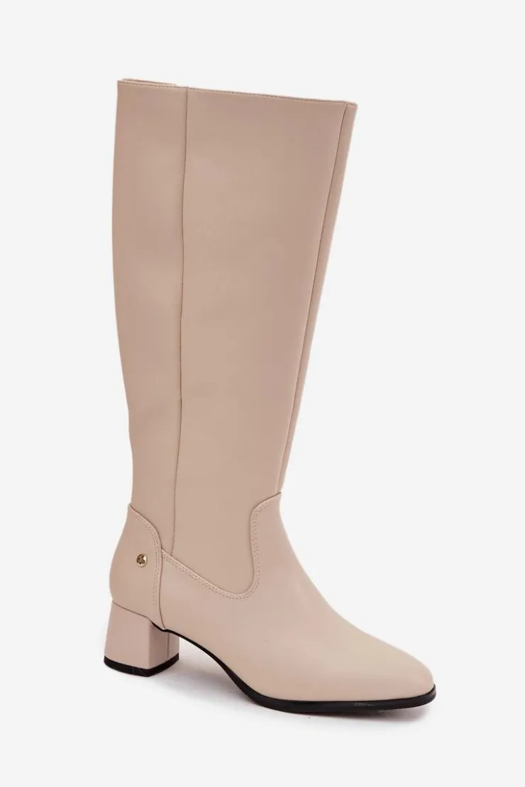Maciejka Kozaki Ocieplane|Muszkieterki*Skórzane Ocieplane Kozaki Damskie Na Obcasie A7165-04 Beżowe Beżowy