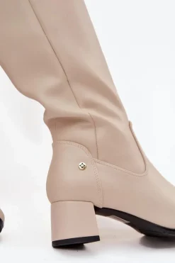 Maciejka Kozaki Ocieplane|Muszkieterki*Skórzane Ocieplane Kozaki Damskie Na Obcasie A7165-04 Beżowe Beżowy