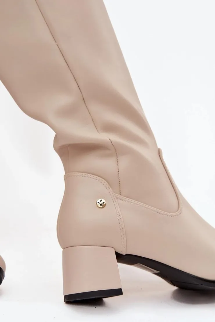 Maciejka Kozaki Ocieplane|Muszkieterki*Skórzane Ocieplane Kozaki Damskie Na Obcasie A7165-04 Beżowe Beżowy