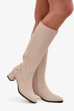 Maciejka Kozaki Ocieplane|Muszkieterki*Skórzane Ocieplane Kozaki Damskie Na Obcasie A7165-04 Beżowe Beżowy