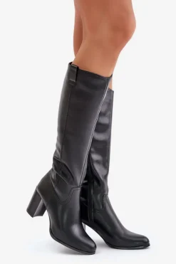 Damskie Buty Sergio Leone Skórzane Ocieplane Kozaki Na Słupku Sergio Leone KZ230-S Czarne