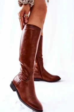 Damskie Boto Skórzane Ocieplane Kozaki Brązowe Estil