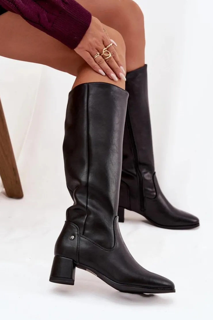 Online Maciejka Skórzane Ocieplane Kozaki Damskie Na Obcasie A7165-01 Czarne Czarny