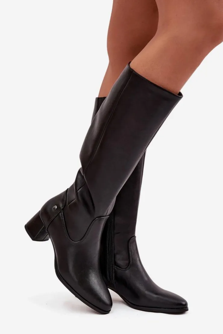 Online Maciejka Skórzane Ocieplane Kozaki Damskie Na Obcasie A7165-01 Czarne Czarny