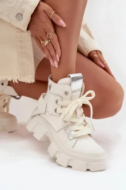 Damskie GOE Skórzane Ocieplane Sportowe Botki SS2N4055 Białe