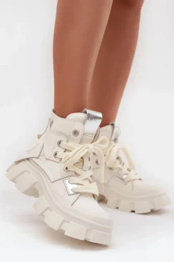 Damskie GOE Skórzane Ocieplane Sportowe Botki SS2N4055 Białe