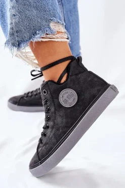 Damskie Big Star Shoes Skórzane Ocieplane Trampki Big Star II274148 Czarne