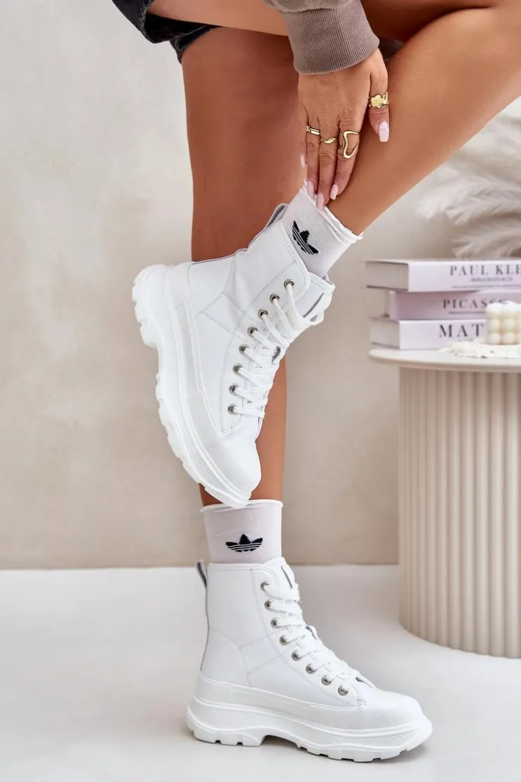 Damskie Big Star Shoes Skórzane Ocieplane Trampki Na Masywnej Platformie Big Star OO274A598 Białe