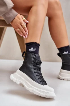 Hot Big Star Shoes Skórzane Ocieplane Trampki Na Masywnej Platformie Big Star OO274A599 Czarne Czarny