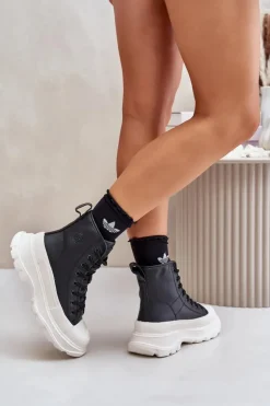 Hot Big Star Shoes Skórzane Ocieplane Trampki Na Masywnej Platformie Big Star OO274A599 Czarne Czarny