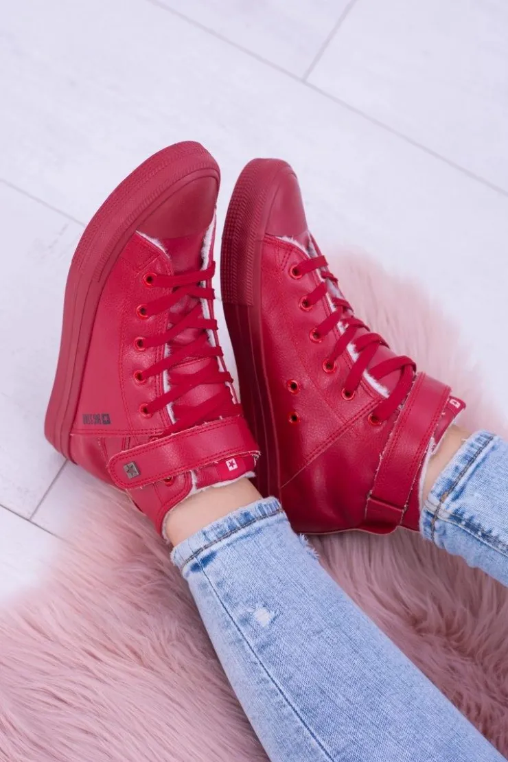 Damskie Big Star Shoes Skórzane Ocieplane Trampki BIG STAR V274529FW Czerwone