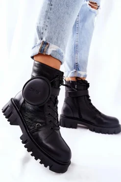 Damskie Big Star Shoes Skórzane Ocieplane Workery Z Nerką Big Star II274430 Czarne