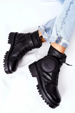 Damskie Big Star Shoes Skórzane Ocieplane Workery Z Nerką Big Star II274430 Czarne