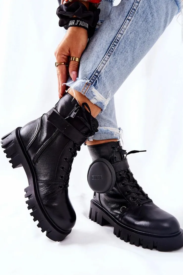 Damskie Big Star Shoes Skórzane Ocieplane Workery Z Nerką Big Star II274430 Czarne