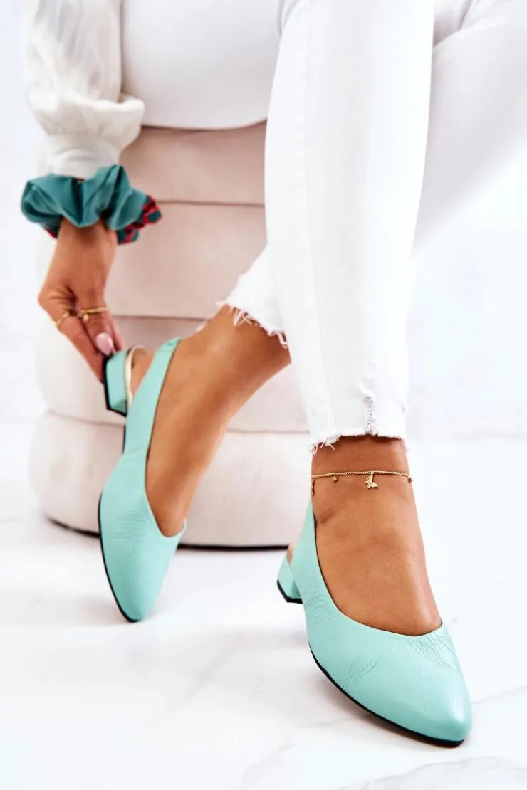 Damskie Boto Skórzane Odkryte Baleriny Na Obcasie Zielone Noreen