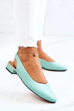 Damskie Boto Skórzane Odkryte Baleriny Na Obcasie Zielone Noreen