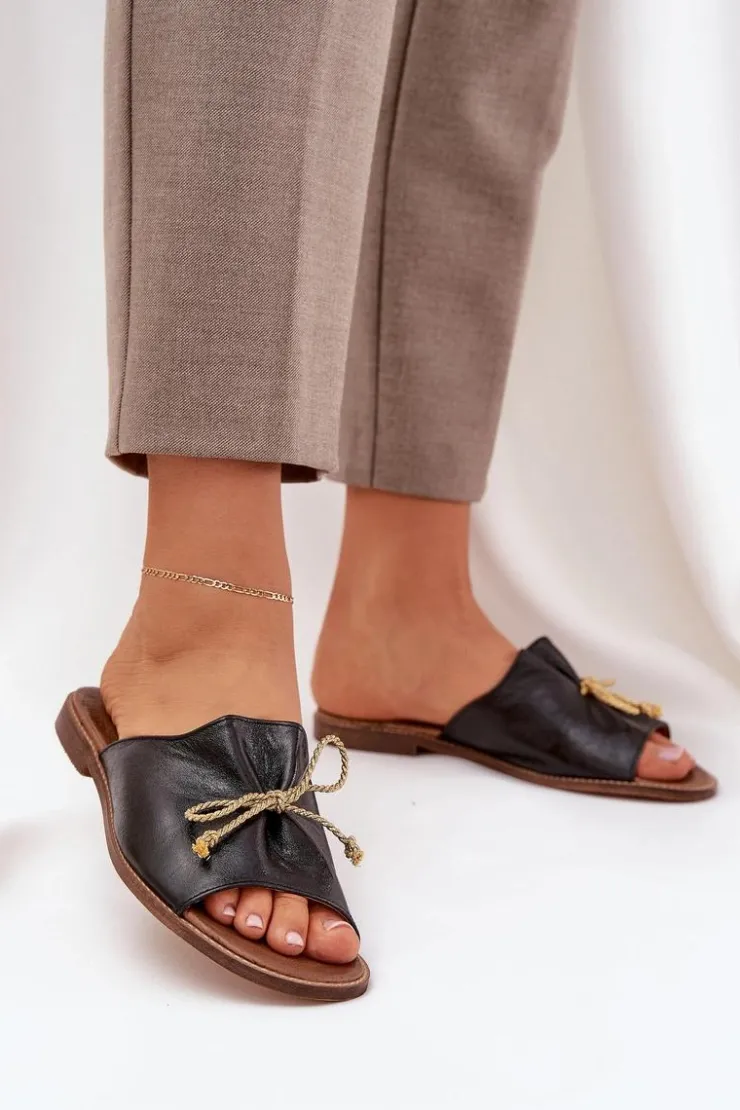 Hot Boto Skórzane Płaskie Eleganckie Klapki Z Kokardką Lewski 3572 Czarne Czarny