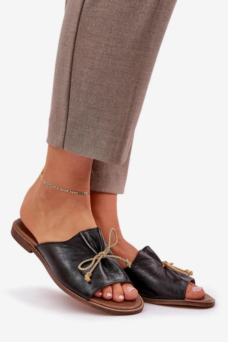 Hot Boto Skórzane Płaskie Eleganckie Klapki Z Kokardką Lewski 3572 Czarne Czarny