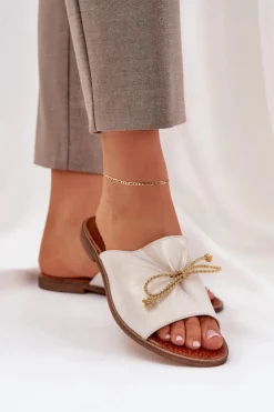 Boto Klapki Damskie Klasyczne*Skórzane Płaskie Eleganckie Klapki Z Kokardką Lewski 3572 Przecierany Złoty