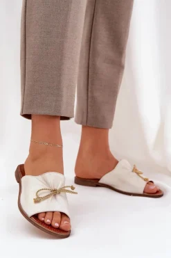 Boto Klapki Damskie Klasyczne*Skórzane Płaskie Eleganckie Klapki Z Kokardką Lewski 3572 Przecierany Złoty