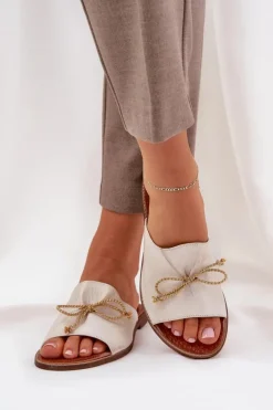 Boto Klapki Damskie Klasyczne*Skórzane Płaskie Eleganckie Klapki Z Kokardką Lewski 3572 Przecierany Złoty