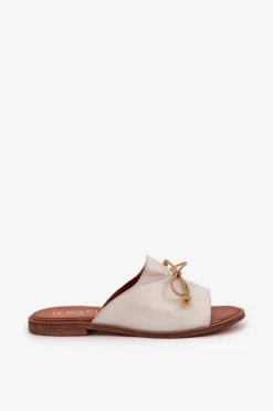 Boto Klapki Damskie Klasyczne*Skórzane Płaskie Eleganckie Klapki Z Kokardką Lewski 3572 Przecierany Złoty