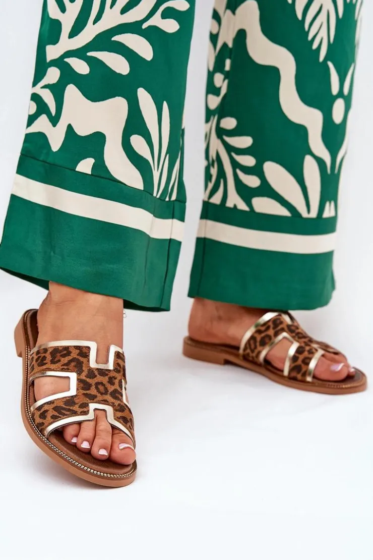 Zazoo Klapki Damskie Klasyczne*Skórzane Płaskie Klapki W Panterkę 40383 Brązowe Brązowy