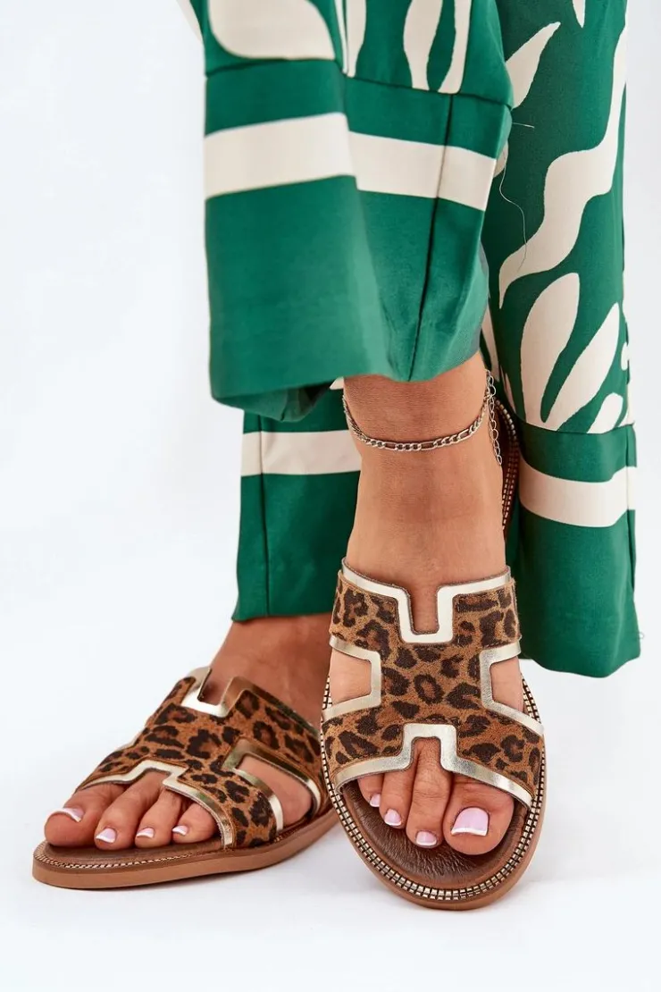 Zazoo Klapki Damskie Klasyczne*Skórzane Płaskie Klapki W Panterkę 40383 Brązowe Brązowy