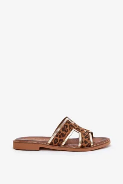 Zazoo Klapki Damskie Klasyczne*Skórzane Płaskie Klapki W Panterkę 40383 Brązowe Brązowy