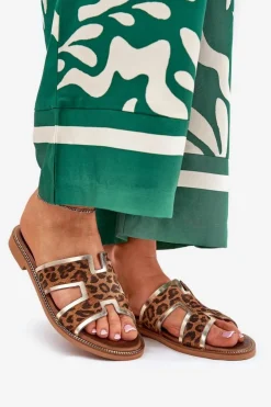 Zazoo Klapki Damskie Klasyczne*Skórzane Płaskie Klapki W Panterkę 40383 Brązowe Brązowy