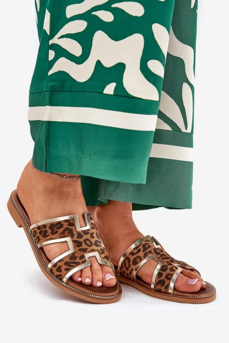 Zazoo Klapki Damskie Klasyczne*Skórzane Płaskie Klapki W Panterkę 40383 Brązowe Brązowy