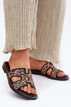 Clearance Zazoo Skórzane Płaskie Klapki W Panterkę 40383 Czarne Czarny