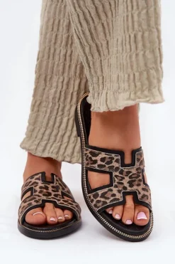 Clearance Zazoo Skórzane Płaskie Klapki W Panterkę 40383 Czarne Czarny