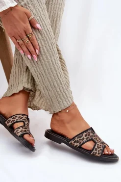 Clearance Zazoo Skórzane Płaskie Klapki W Panterkę 40383 Czarne Czarny