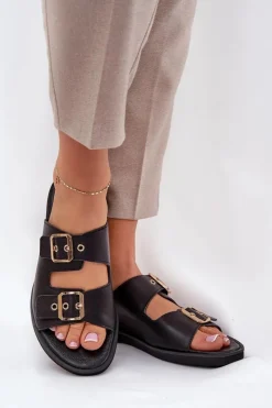 Damskie Zazoo Skórzane Płaskie Klapki Z Klamrami 3020 Czarne