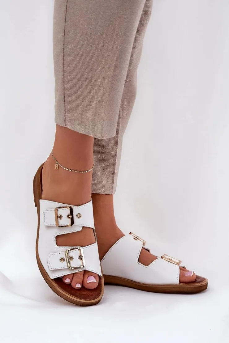 Best Zazoo Skórzane Płaskie Klapki Z Klamrami 3020 Białe Biały